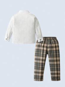 BOARNSEORL 男婴绅士套装三件套，格子长袖衬衫配蝴蝶结和长裤，时尚帅气，适合生日派对、正式场合、婚礼等场合。 - 卡其色 - 查看 4