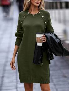 Women's Sweater Dress Crew Neck Long Sleeve Oversized Pullover Sweater Casual Knit Skirt - xanh quân đội - Xem 3