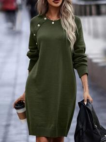 Women's Sweater Dress Crew Neck Long Sleeve Oversized Pullover Sweater Casual Knit Skirt - xanh quân đội - Xem 1