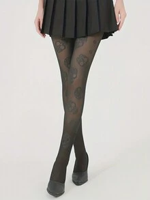 Quần bó họa tiết Halloween thanh lịch dành cho nữ - Vải dệt kim Polyester pha Spandex và Nylon, Một đôi ấm áp 200g, Quần bó in hình đầu lâu có thể giặt bằng máy - Nhiều màu - Xem 5