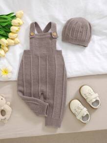 2pcs Infant/Toddler Set: Lightweight, Soft Jumpsuit With Hoodie And Overall Pants, Stylish, Seamless, Comfortable Casual Outfits - Khaki - View 2