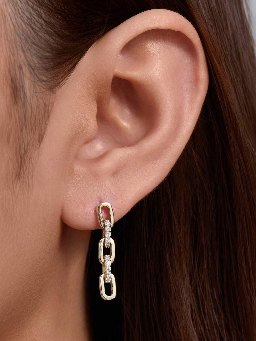 1 对朋克风格不对称方晶锆石耳钉和耳环，925 纯银复古简约风格链式耳环，适合女士 - 金黃色 - 查看 1