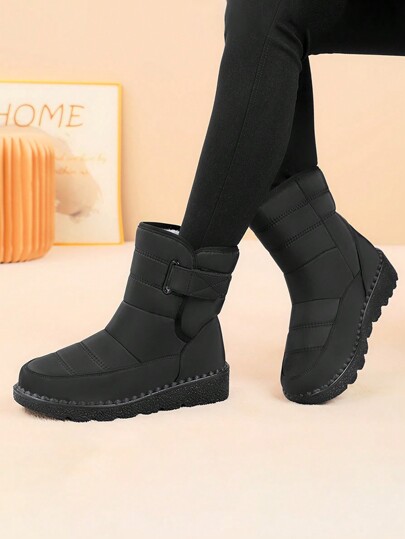 Women Plain Color Versatile Flat Boots, Thermal Lined Thick Warm Waterproof Anti-Slip, Mid-Calf Winter Snow Boots