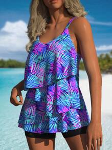 2 Piece Leaf Print Ruffled Tankini Set - Asymmetric Cami Top With Ruffle Details, Plain Boxer Shorts - Women's Swimwear, Comfortable And Flattering Swimsuits For Beach Vacation - 藍色 - 查看 3