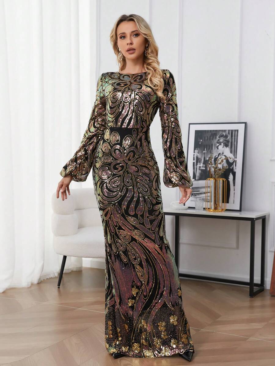 Đầm dạ hội sang trọng cổ tròn tay đèn lồng đính hoa sequin dành cho nữ, Đầm dạ hội bán trang trọng dài tay thanh lịch, dành cho sinh nhật, khách dự tiệc cưới, tiệc tốt nghiệp - Vàng - Xem 1