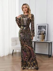 Đầm dạ hội sang trọng cổ tròn tay đèn lồng đính hoa sequin dành cho nữ, Đầm dạ hội bán trang trọng dài tay thanh lịch, dành cho sinh nhật, khách dự tiệc cưới, tiệc tốt nghiệp - Vàng - Xem 4