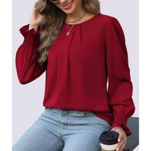 Women's Blouses Tops Dressy Long Sleeve Ruffle Shirt Fall Travel Outfits Business Casual Elegant Tops Hide Tummy Burgundy - 酒紅色 - 查看 6