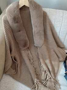 1PC Khăn choàng mềm mại sang trọng cho phụ nữ thanh lịch cổ lông chồn giả khăn choàng quấn áo len dệt kim áo choàng có viền tua rua ấm áp hở phía trước cho phụ kiện trang trí ngoài trời cuối tuần thường ngày phong cách trưởng thành - khăn choàng dệt kim có cổ lông - Xem 13