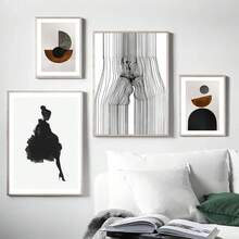 1 件斯堪的纳维亚简约墙面艺术抽象女性线条画脸部亲吻高清帆布海报印刷家居卧室客厅装饰无框架 - 彩色 - 查看 4