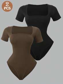 2 chiếc quần định hình cổ vuông màu trơn co giãn liền mạch tay ngắn cho nữ - Nhiều màu - Xem 9