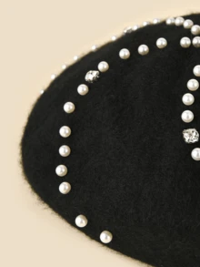 1 件女士黑色纯色蓬松人造珍珠水钻装饰优雅贝雷帽 - 黑色 - 查看 3
