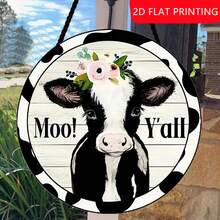 1 件/2 件可爱奶牛标志木牌，7.87X7.87 英寸木牌，2D 平面印刷圆形木牌，壁挂动物标志前门装饰，适用于窗户、花环、入口、墙壁、节日装饰，乡村农舍风格标志花环木牌 - 彩色 - 查看 2