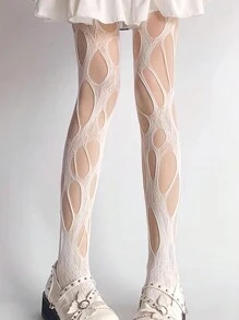 1pc Women's Regular Fit White Asymmetrical Ripped Fishnet Stockings, Suitable For All Seasons And Outfits