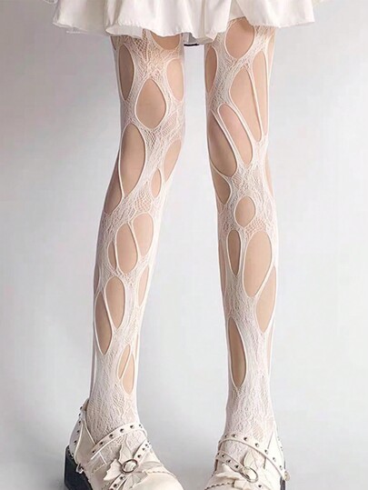 1pc Meias femininas regulares brancas assimétricas rasgadas arrastão, adequadas para todas as estações e roupas