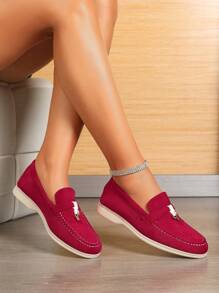 2024 Autumn/Winter Women Flat Round Toe Loafers, Casual Slip-On Leather Oxford Shoes, Wine Red/Angora Red/Deep Red Color, Plus Size 41-43