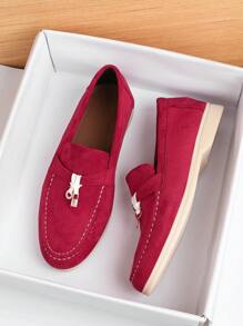 2024 Autumn/Winter Women Flat Round Toe Loafers, Casual Slip-On Leather Oxford Shoes, Wine Red/Angora Red/Deep Red Color, Plus Size 41-43