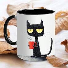 1个卡通黑猫印花11盎司陶瓷咖啡杯，趣味设计，适合夏季和冬季使用，生日礼物、节日礼物、完美的圣诞礼物送给朋友 - 彩色 - 查看 11
