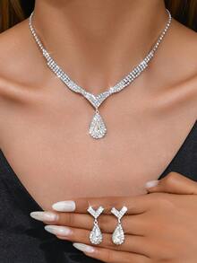 1 bộ trang sức vòng cổ và khuyên tai hình giọt nước đính đá thời trang tối giản dành cho nữ, thích hợp để đeo hàng ngày, đám cưới, tiệc và tiệc tùng (Sản phẩm không bao gồm hộp) - bộ trang sức - Xem 6