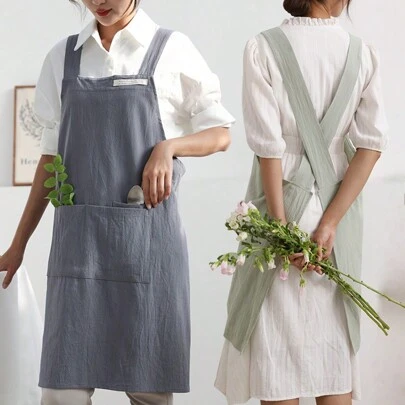 1pc, Linen Apron, Cross Strap Apron With Pockets, Chef Uses Apron For Gardening, Cooking, Baking, Flower Shop Painting, Barista, Work Clothes
