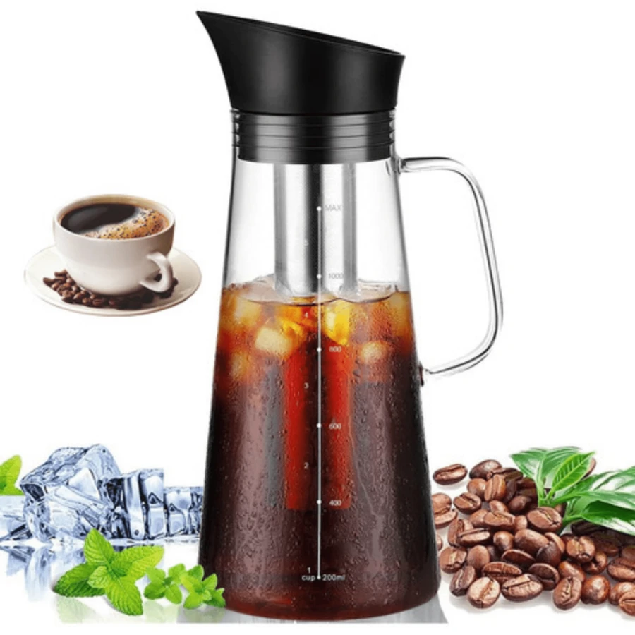 1.2l Cafetera Cold Brew Vidrio Primera Calidad Tetera Helada, Hervidor de café para infusión en frío, botella de vidrio para infusión en frío de uso doméstico, filtro extractor de gran capacidad, tetera para té de frutas, tetera de goteo helado - Negro - Ver 1