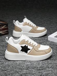 Giày thể thao mũi tròn buộc dây vải canvas phong cách đại học mới dành cho nữ, họa tiết ngôi sao khối màu, giày thể thao thường ngày nhẹ và thoải mái thời trang đường phố, phù hợp cho mùa xuân và mùa thu - Màu be - Xem 5