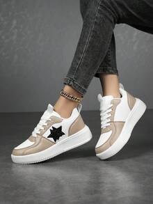 Giày thể thao mũi tròn buộc dây vải canvas phong cách đại học mới dành cho nữ, họa tiết ngôi sao khối màu, giày thể thao thường ngày nhẹ và thoải mái thời trang đường phố, phù hợp cho mùa xuân và mùa thu - Màu be - Xem 4