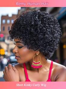 6-Inch Short Fluffy Curly Brazilian Human Hair Wig, Pixie Cut Style, Glueless Short Wig With Bangs, Hand-Tied, Natural Black - SNatural - 查看 6