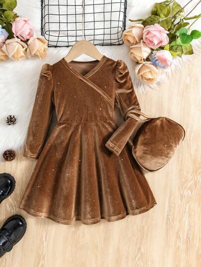 Young Girls Elegant Soft Glow Velvet V-Neck Long Sleeve A-Line Dress + Bag Set, Suitable For Christmas Party, Autumn/Winter