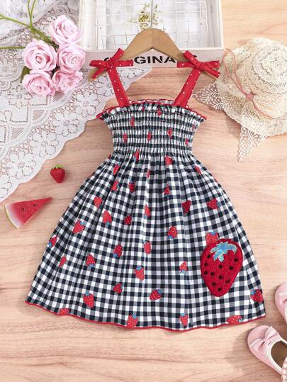 Young Girl Summer Fashion Plaid Sling Dress With Cute Strawberry Print, Embroidery Accent