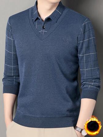 Men's Fall Winter Thickened Plaid 2 In 1 Knitted Sweater, Long Sleeve Top