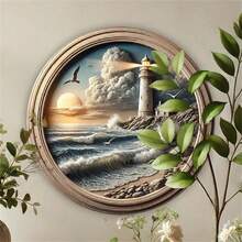 1 件灯塔海滩场景 8x8 英寸圆形金属标牌 - 防水、预钻孔墙面装饰，适用于家庭、花园、厨房和车库。复古魅力新嬉皮花园牌匾 | 送给女性的完美礼物 | 适用于户外、露台、办公室、客厅、咖啡厅、酒吧、随机孔位置 - 彩色 - 查看 3