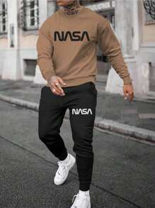 Men's Casual Soft & Comfortable Sweatsuit Set, Minimalist Printed Pattern, Khaki Crew Neck Pullover Sweatshirt Paired With Slim Fit Sweatpants, Autumn Outfit - Khaki - View 2