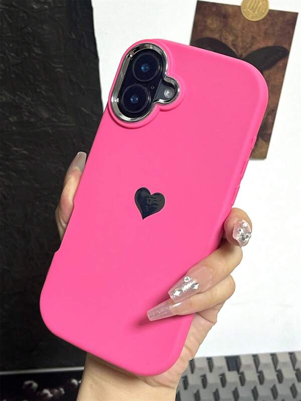 Valentines Hot Pink 1pc Minimalist Rose Red Heart Shaped Phone Case Compatible With IPhone 7 8 Plus X XR Xs Max 11 12 13 14 15 16 Pro Max, Full Coverage Anti-Fall Protective Cover