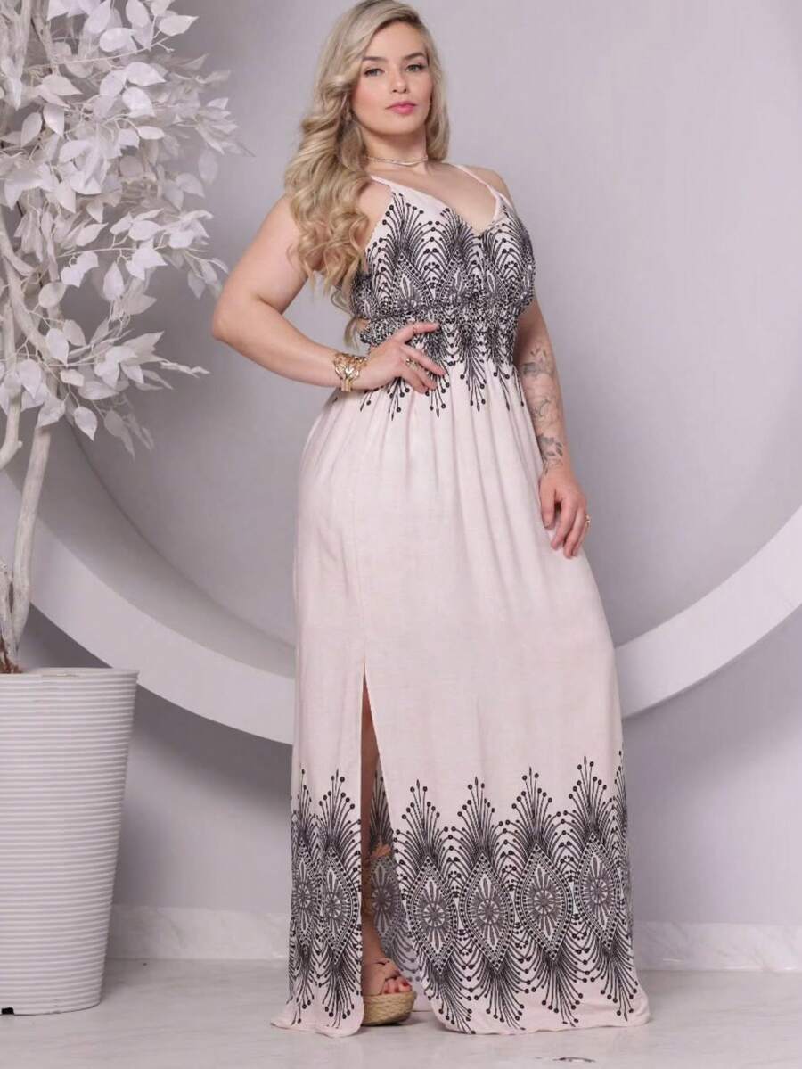 Women's Long Dress With Printed Side Slit And Back Tie Lastex - 黑色 - 查看 1