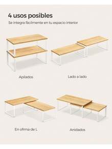 SONGMICS Estante para Especias, Juego de 2, Organizador de Armario, Estante de Almacenamiento de Cocina Extensible, Especiero de Metal y Madera de Ingeniería, Blanco Nube y Beige Natural - Beige - Übersicht 6