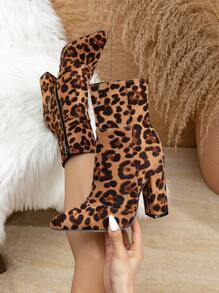 Leopard Print Faux Suede Side Zipper Fashion Pointed Toe Daily Versatile Chunky Heel Mid-Calf Boots For Women, Multi-Colored Leopard Print Pattern Random