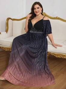 Plus Size Gradient Sequin Embellished Open Shoulder Cami Dress Elegant Prom Semi Formal Wedding Guest Dress, For Birthday, Graduation, Homecoming