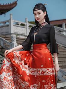 Autumn Chinese Style Chinese Newyear Chinese Red Dress Tangerine Red Vintage Floral Printed Horse-Face Skirt Hanfu Bottoms - Red - View 5
