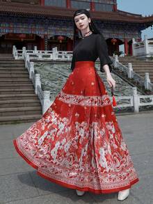Autumn Chinese Style Chinese Newyear Chinese Red Dress Tangerine Red Vintage Floral Printed Horse-Face Skirt Hanfu Bottoms - Red - View 6