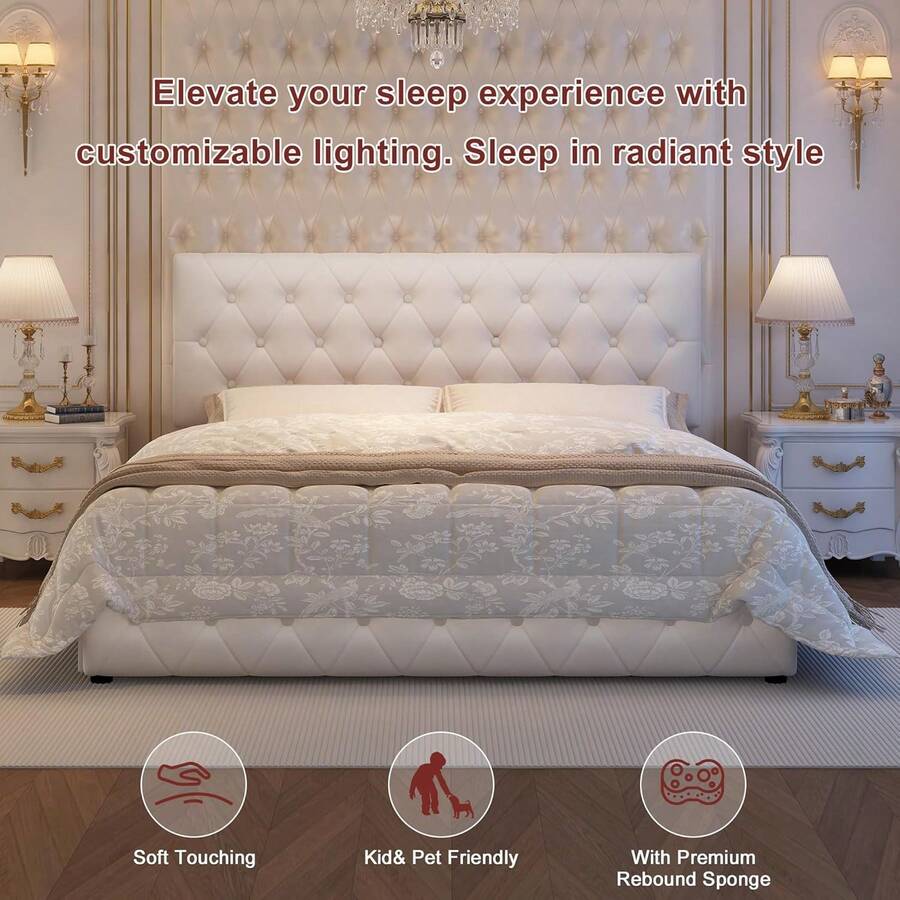 Queen Bed Frame With 4 Drawers, Adjustable Upholstered Headboard