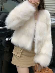 1pc White Thickened Long Pile Short Fluffy Jacket, Winter - White - View 1