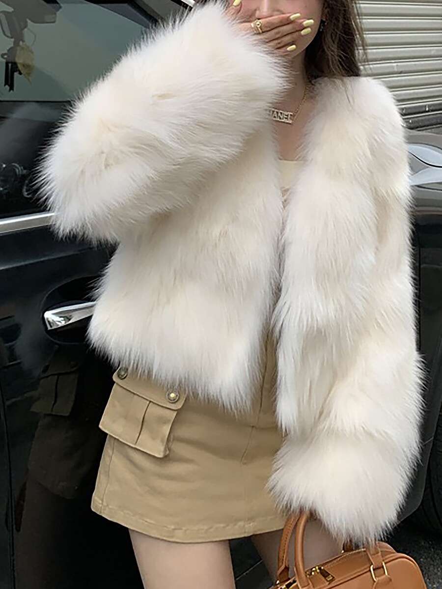 1pc White Thickened Long Pile Short Fluffy Jacket, Winter - White - View 1