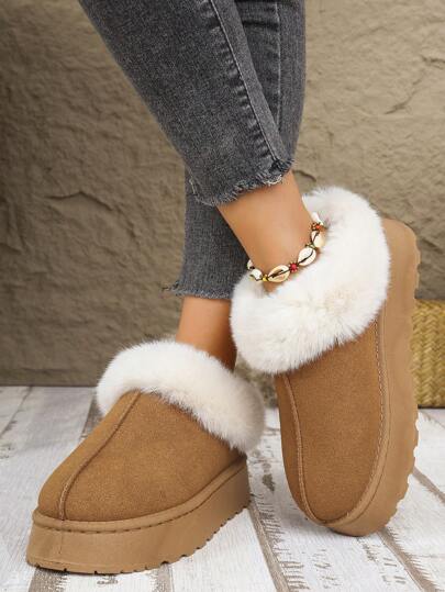 女士蓬松衬里厚底毛绒拖鞋，保暖羊毛雪地靴，适合秋冬季