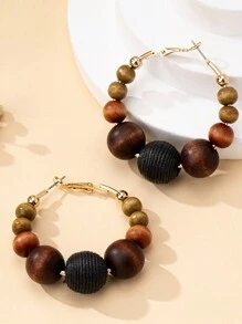 1 Pair Women Wooden Beads Hoop Earrings, Suitable For Daily Wear, Autumn/Winter - Brown - View 2