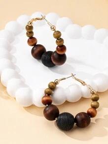 1 Pair Women Wooden Beads Hoop Earrings, Suitable For Daily Wear, Autumn/Winter - Brown - View 4