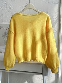 Áo len dệt kim dài tay cổ thuyền màu trơn mùa thu đông mới cho nữ Áo len cardigan dáng rộng đa năng - Màu vàng - Xem 8