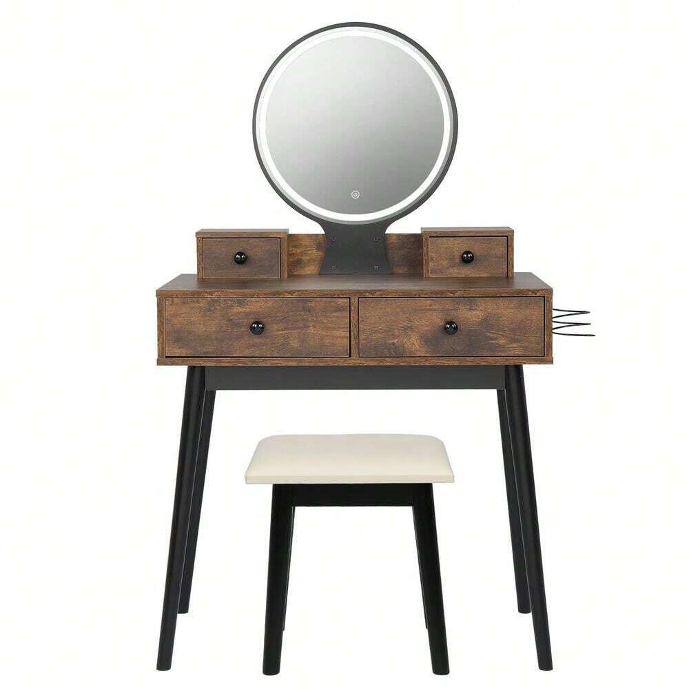 LED Lighted Mirror Vanity Table Makeup Desk With 4 Drawer Wood Bedroom