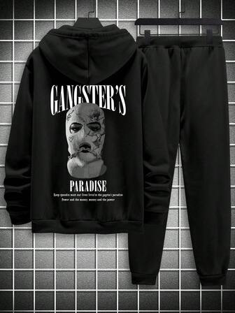 男士休闲连帽运动衫套装 图形黑帮印花抽绳连帽衫和裤子套装