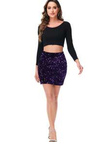 Women's Sparkly Sequin Skirt Mid Waist Glitter Party Club Velvet Skirts - Màu tím - Xem 4
