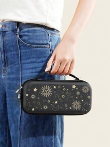 1 pièce Sac de rangement avec élément d'étoile et visage de soleil, compatible avec Switch OLED/Switch NS, coque de protection rigide avec support intégré et rangement pour 10 cartes de jeu, porte-cartes de jeu portable et antichoc, adapté pour les déplacements, offrant une protection pour la console de jeu et les accessoires contre les impacts et les chutes